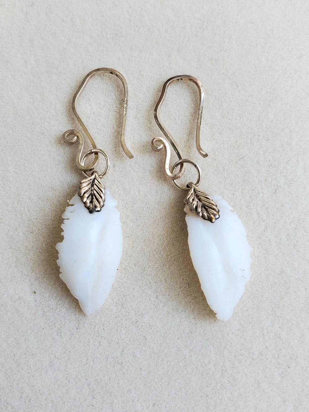 Silver-Filled White Shell Leaf Dangle Earrings